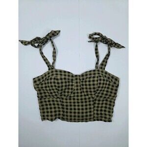 Rabbit Rose Green Black Gingham Buffalo Plaid Tie Strap Crop Top Size S